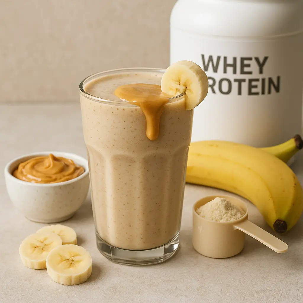 Whey protein smoothie with peanut butter and banana